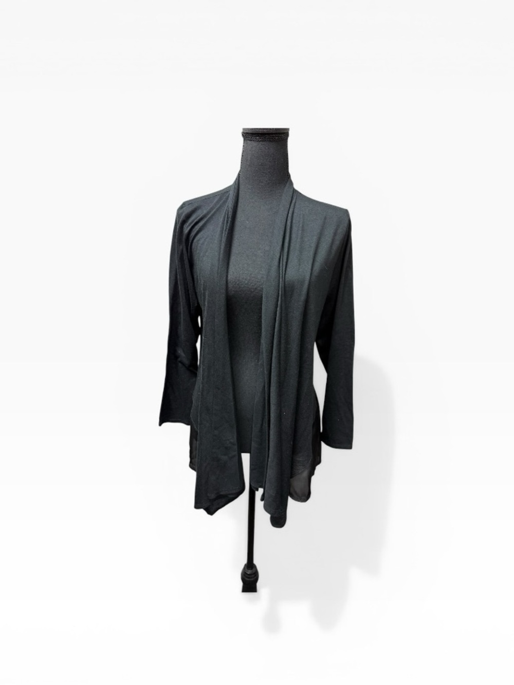 Natori Black Open Front Cardigan Satin Back Panel Lightweight Chic Layer